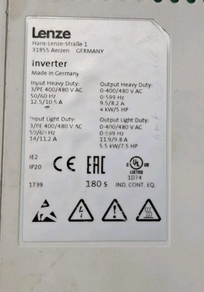 Lenze i550 VFD Inverter 5HP 4kW 400-480V 3-Phase CANopen IP20 I55AE222F10010002S